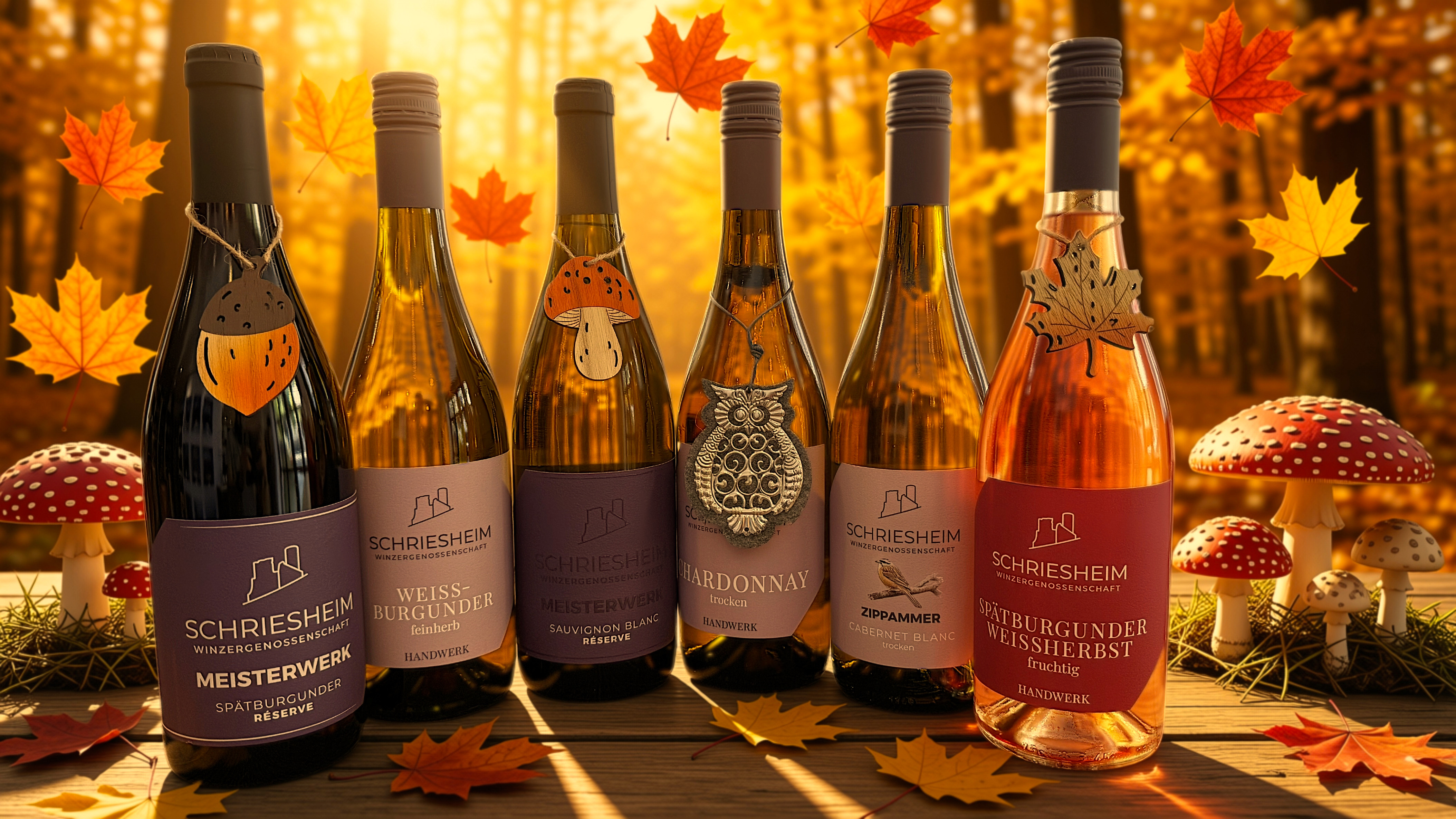 Herbstlicher Hintergrund mit 6 weinen aus ede